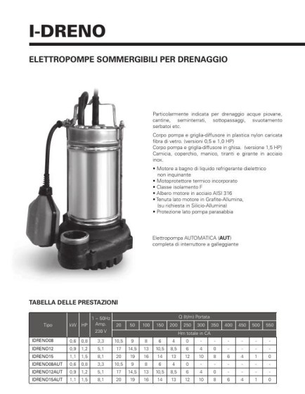 Elettropompe sommergibile drenaggio acqua lurida I- Dreno 12 automatico Hp 1,2