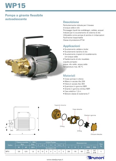 Pompa a girante flessibile autoadescante per acqua e olio WP-15 Hp 0,16